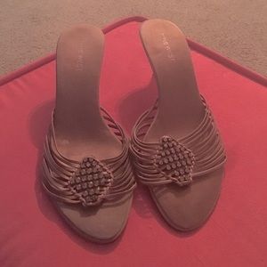 Brown jeweled kitten heel sandal